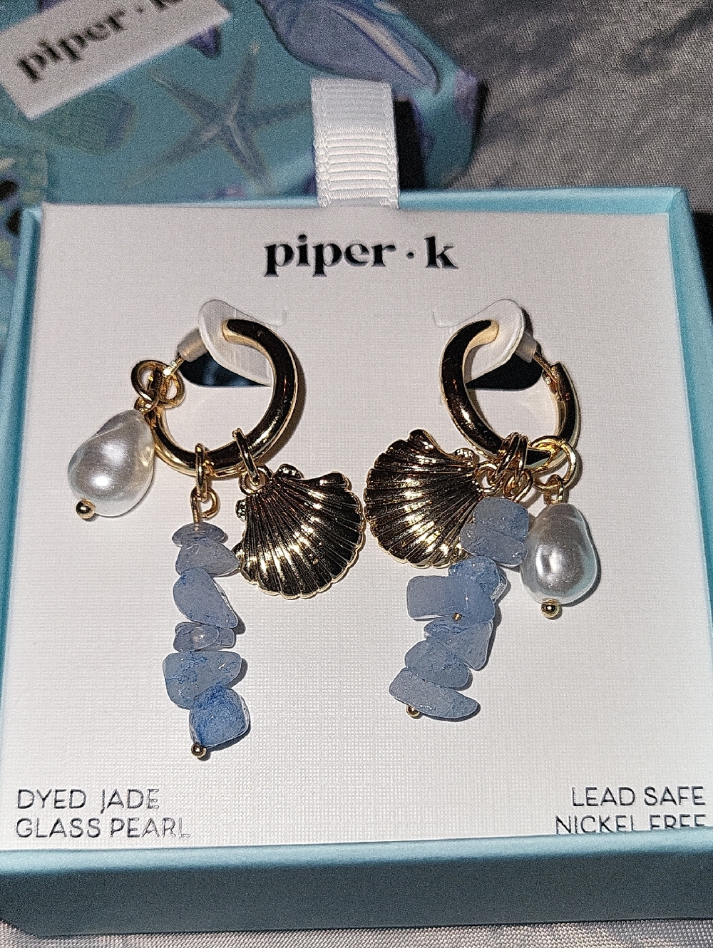 Piper k Gold Shell & Blue Jade Drop Hoop Earrings  Pearls Scallop Bnib Te RT LS